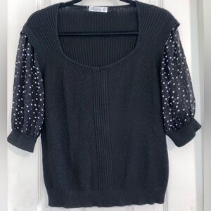 89th & Madison Black Sweater with Sheer Polka Dot Sleeves
